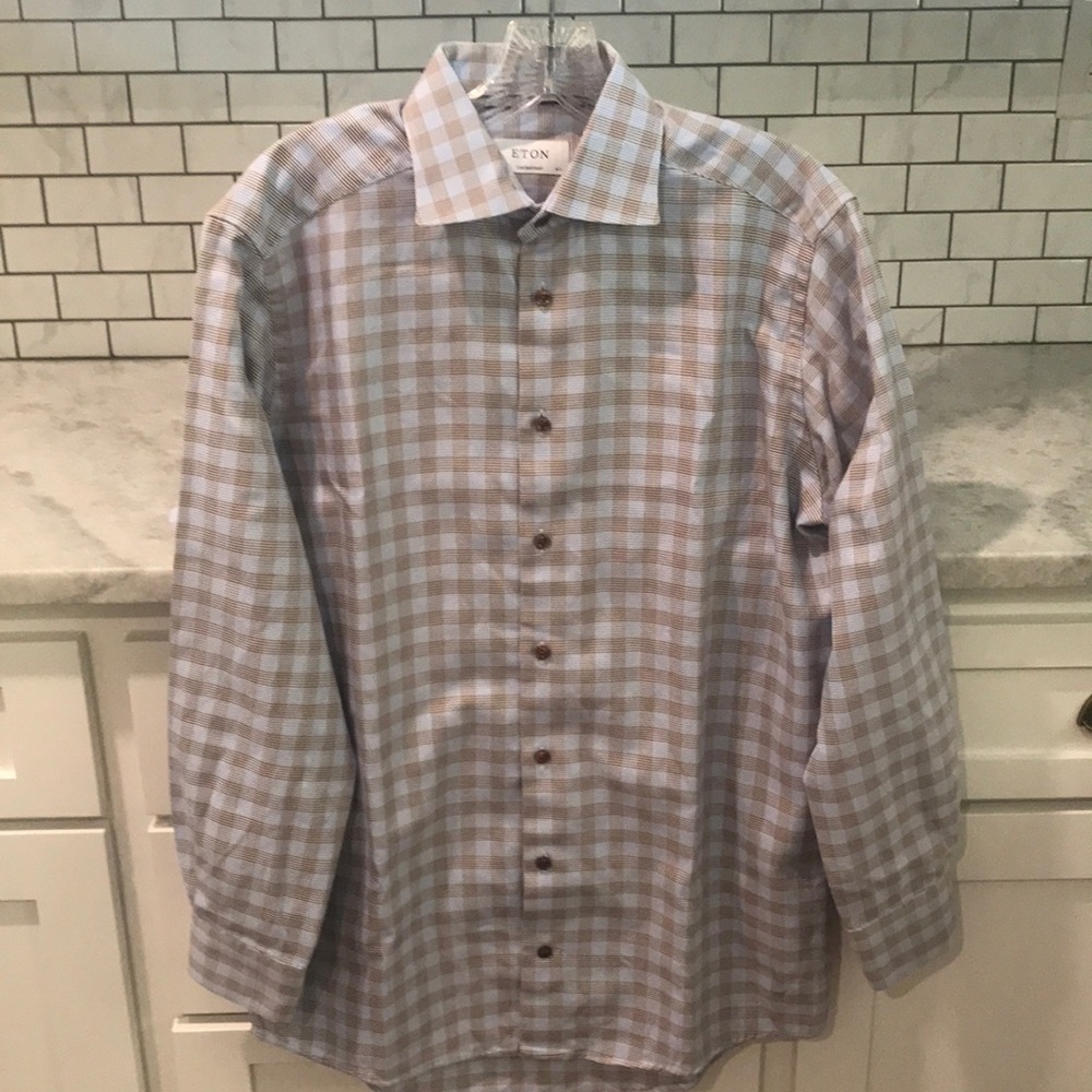 Eton Men's Blue & Brown Plaid Shirt